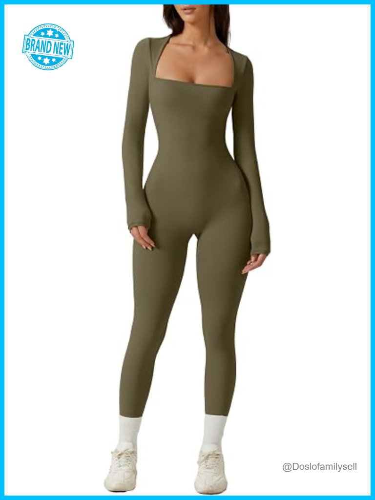 Square Neck Long Sleeve Bodycon Jumpsuit With Stretch